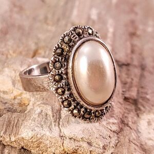 Sterling Oval Faux Pearl Cabochon Marcasite Bezel Ring